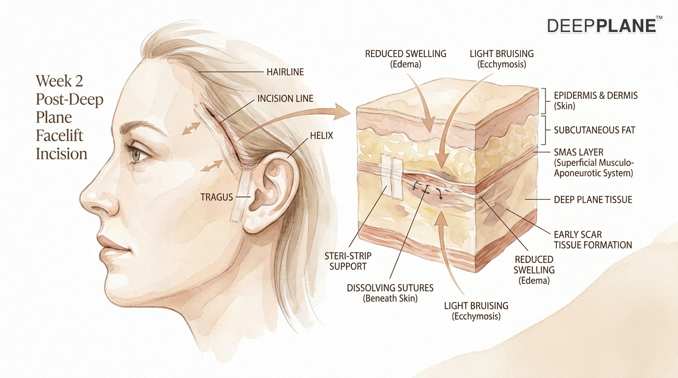 Watercolor side-profile close-up of a healing post-auricular incision at week 2 — thin pink-red incision line behind the ear with healthy skin around it and tiny silver stitches near the hairline