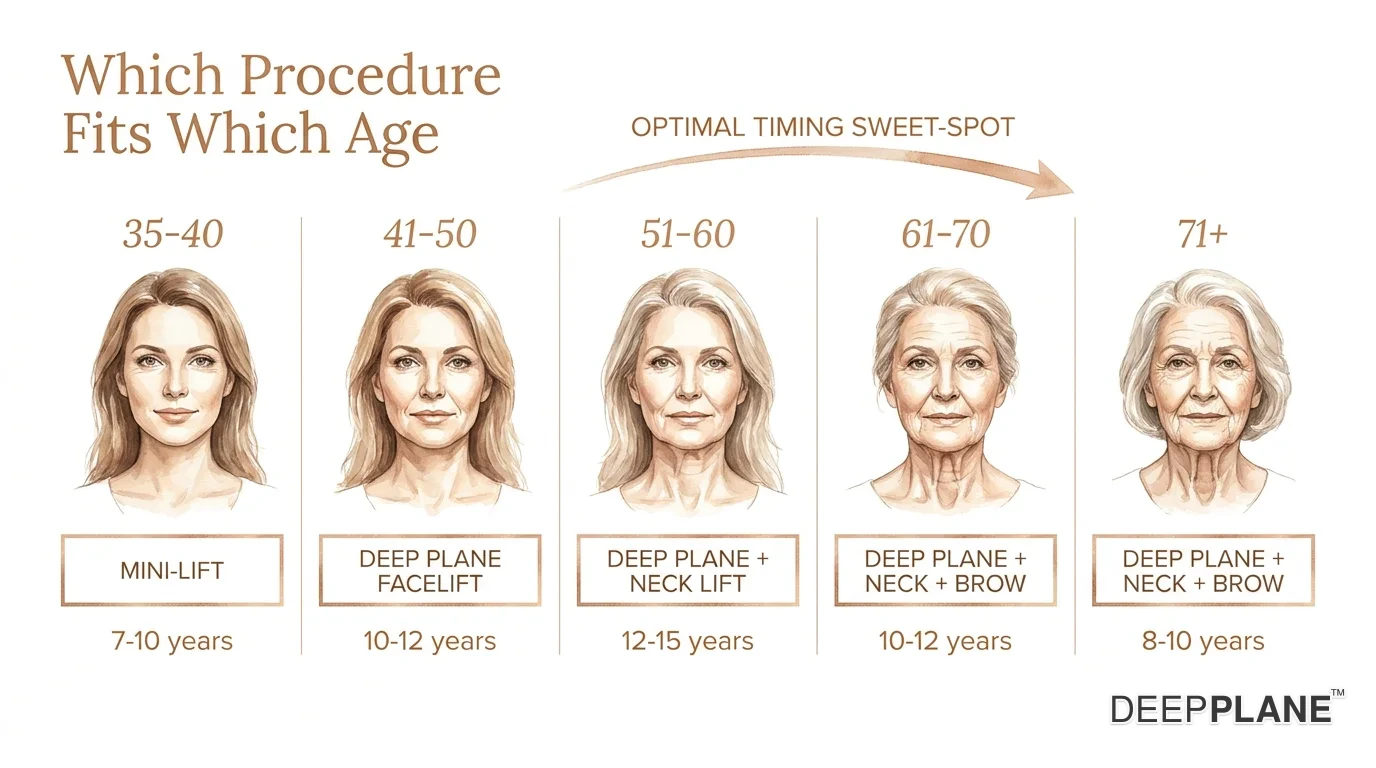 Horizontal age-by-age candidate matrix with five labeled columns from 35-40 to 71-plus. Each column shows a three-quarter female face illustration of typical aging signs at that age, a recommended procedure tier from mini-lift to deep plane plus neck plus brow, and expected longevity from 7 to 15 years. A curving arrow above marks the optimal-timing sweet-spot zone centered on 50-58