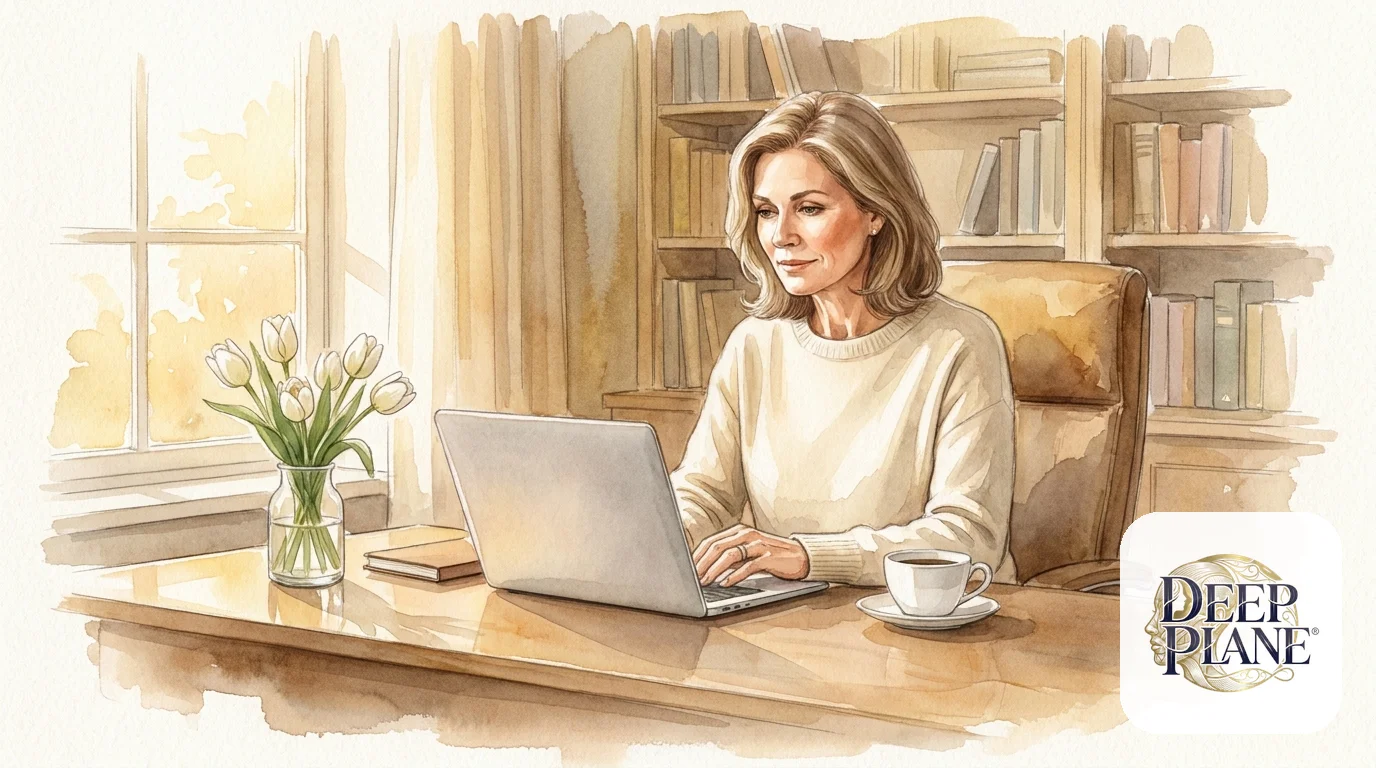 Watercolor scene of a confident woman at month 2 of recovery working at her sunny home-office desk in a cream cashmere sweater — naturally refreshed, no signs of recent surgery