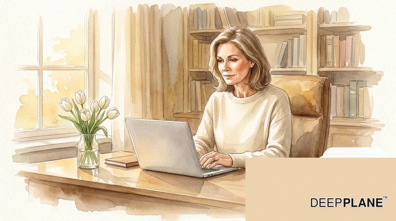 Watercolor scene of a confident woman at month 2 of recovery working at her sunny home-office desk in a cream cashmere sweater — naturally refreshed, no signs of recent surgery