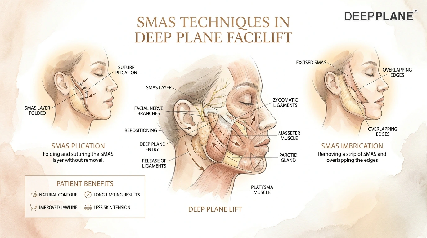 Three SMAS facelift technique comparison showing plication (folding), SMASectomy (excision), and extended SMAS (wider dissection) surgical approaches in cross-section