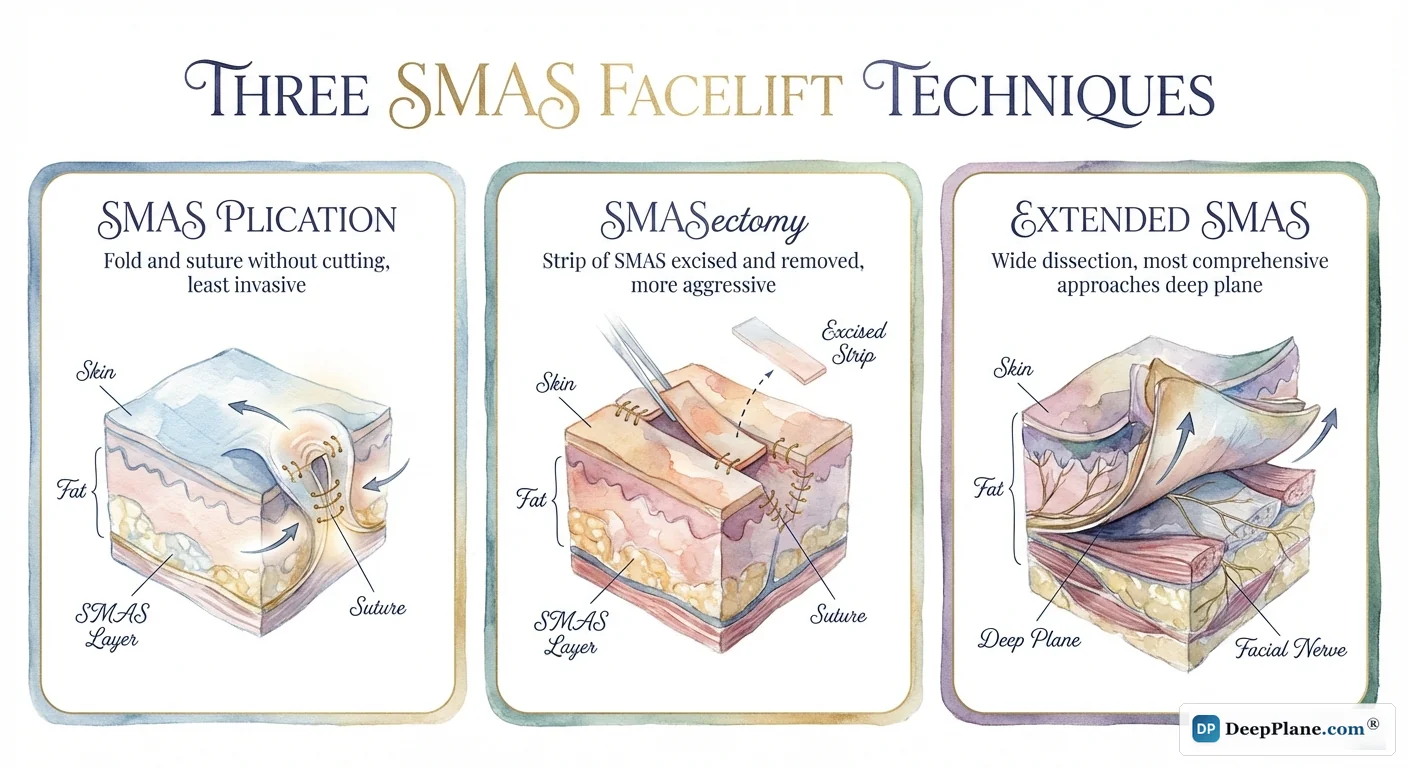 Three SMAS facelift technique comparison showing plication (folding), SMASectomy (excision), and extended SMAS (wider dissection) surgical approaches in cross-section