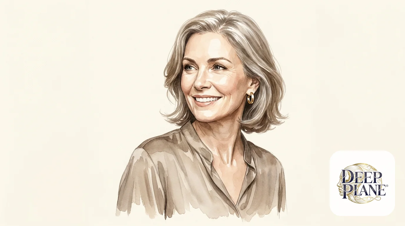 Watercolor portrait of a refreshed woman at month 3 — the photo-ready milestone — three-quarter angle in soft taupe silk blouse with a genuine confident smile and natural cheek volume