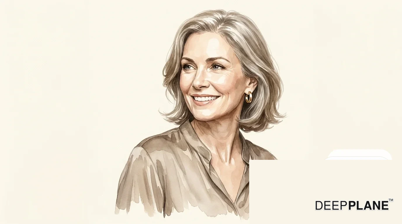 Watercolor portrait of a refreshed woman at month 3 — the photo-ready milestone — three-quarter angle in soft taupe silk blouse with a genuine confident smile and natural cheek volume