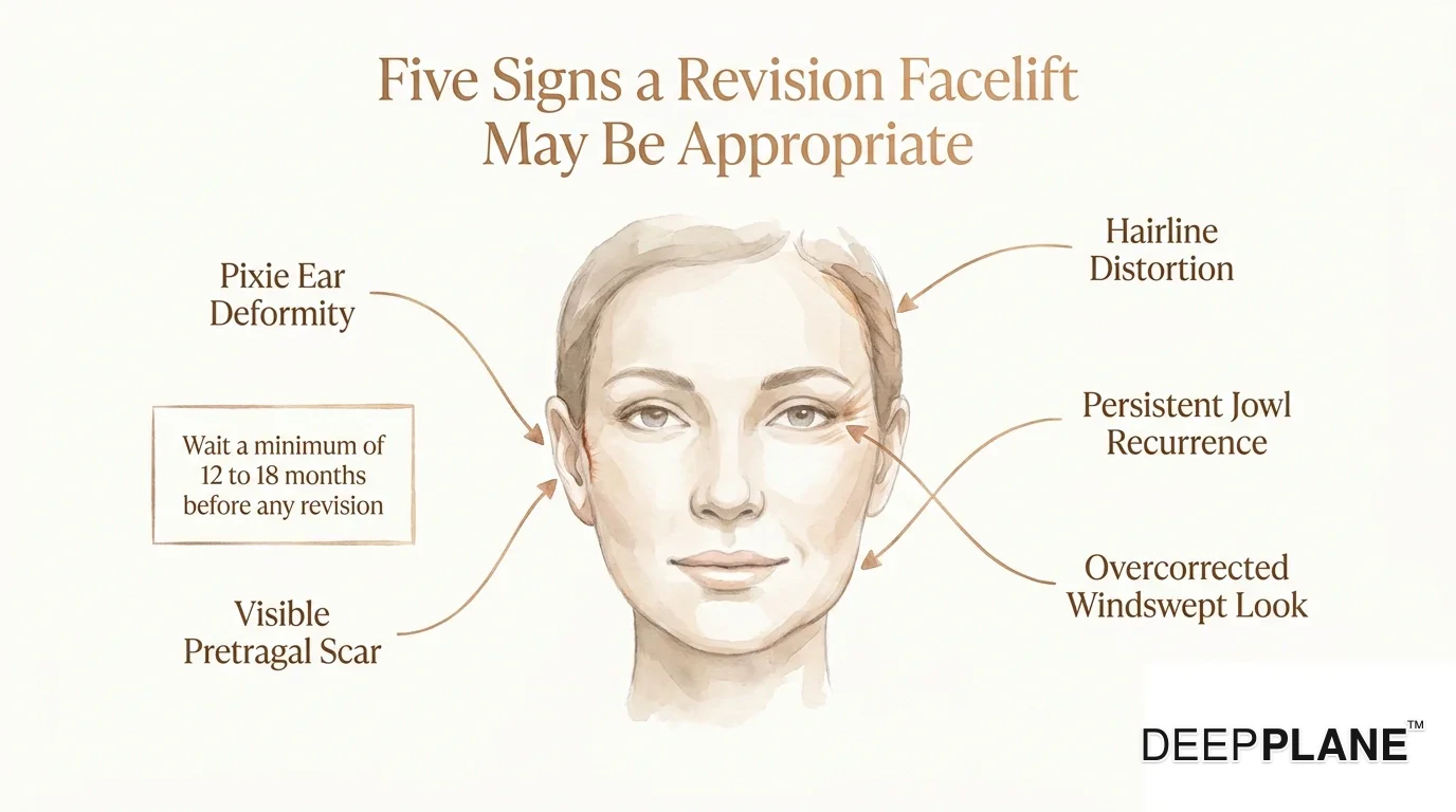 Centered face composite with five labeled diagnostic indicators visible on the surface: pixie ear deformity with earlobe pulled downward and forward, visible pretragal scar shown as a fine hairline in front of the ear, hairline distortion with temporal hairline pulled too far back, persistent jowl recurrence, and overcorrected windswept look with lateral tension lines around the eye. Side callout notes minimum 12-18 months wait before any revision