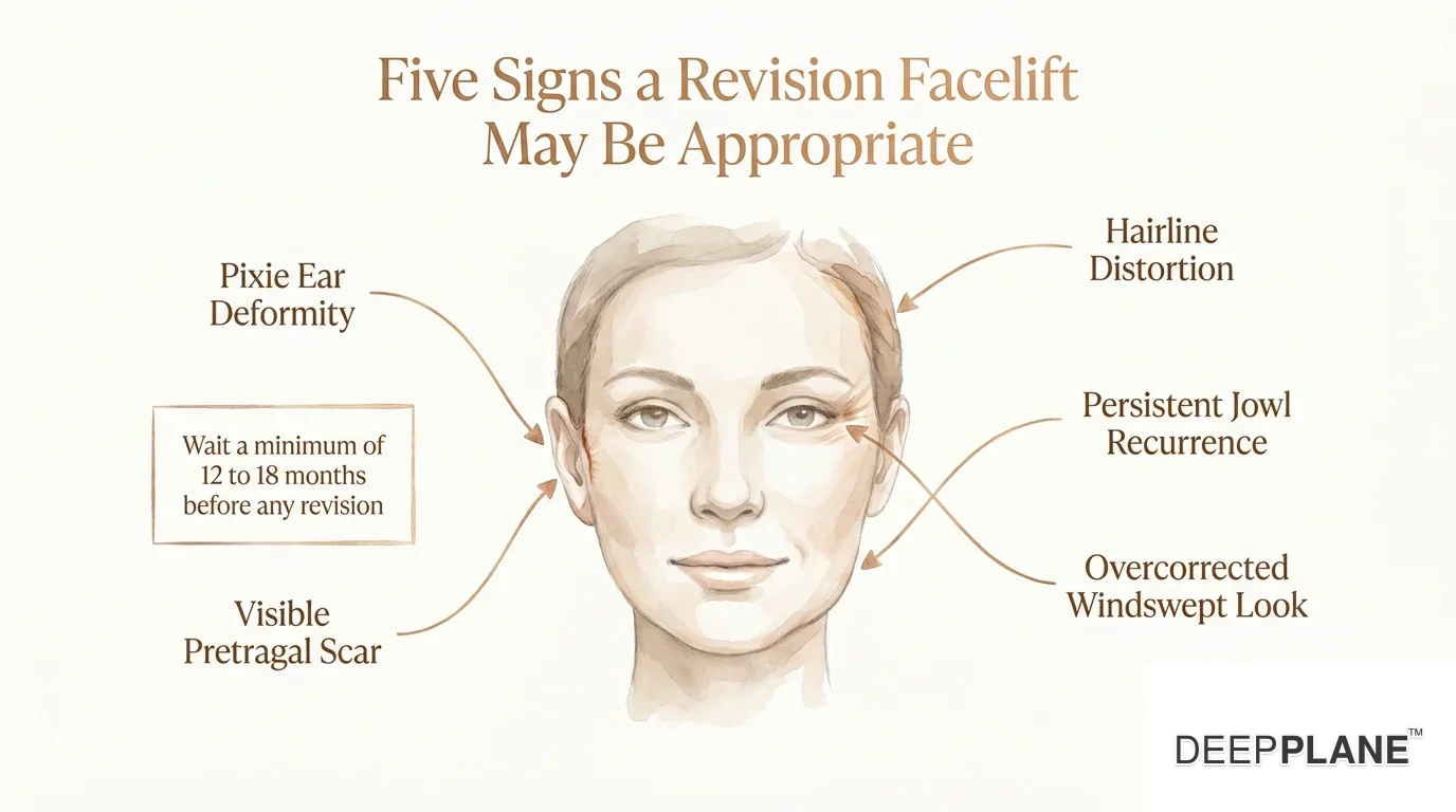 Centered face composite with five labeled diagnostic indicators visible on the surface: pixie ear deformity with earlobe pulled downward and forward, visible pretragal scar shown as a fine hairline in front of the ear, hairline distortion with temporal hairline pulled too far back, persistent jowl recurrence, and overcorrected windswept look with lateral tension lines around the eye. Side callout notes minimum 12-18 months wait before any revision