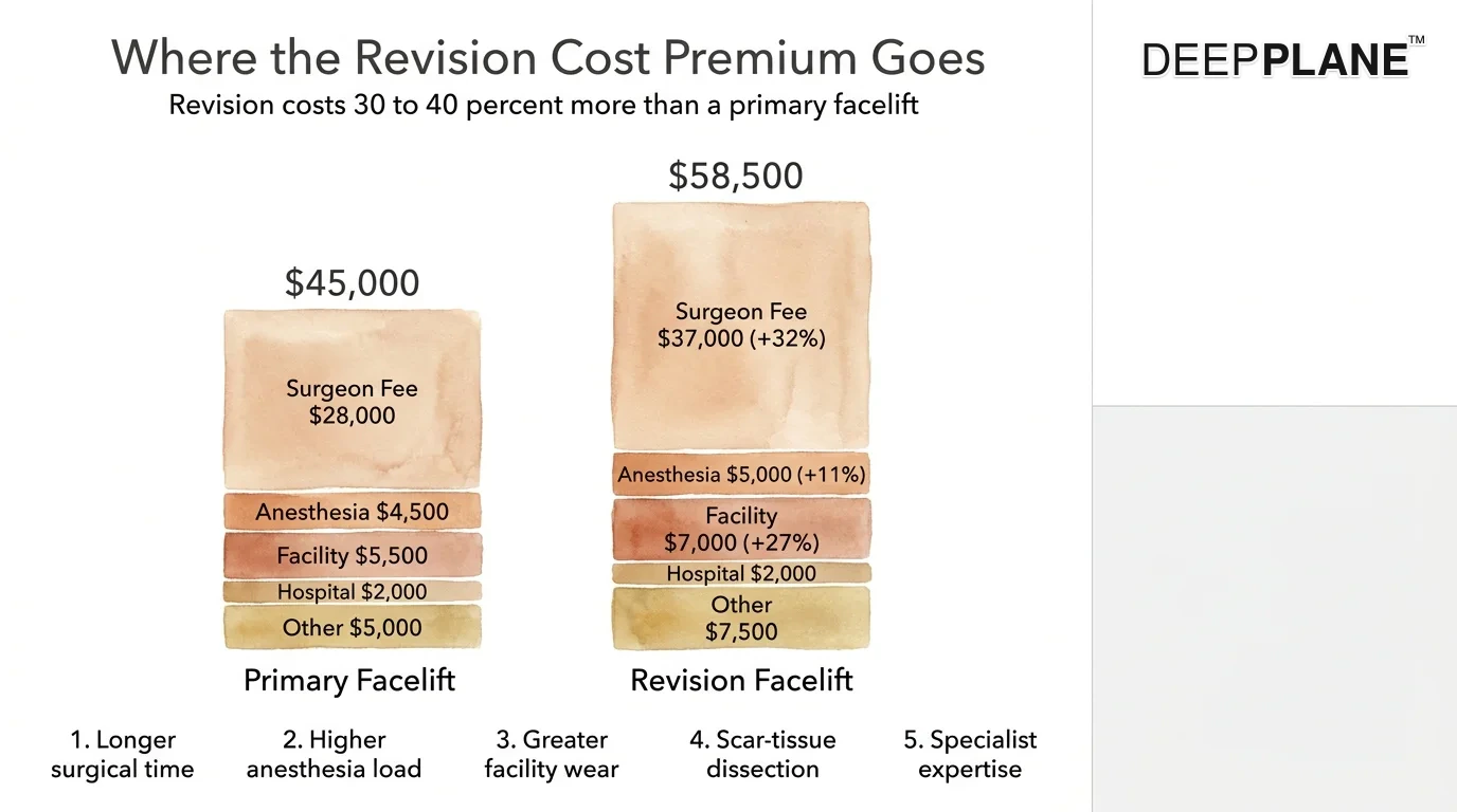 Two-bar cost comparison: primary facelift at forty-five thousand dollars segmented into surgeon fee twenty-eight thousand, anesthesia four thousand five hundred, facility five thousand five hundred, hospital two thousand, other five thousand; revision facelift at fifty-eight thousand five hundred segmented into surgeon fee thirty-seven thousand plus thirty-two percent, anesthesia five thousand plus eleven percent, facility seven thousand plus twenty-seven percent, hospital two thousand, other seven thousand five hundred. Bottom legend lists five cost-driver explanations