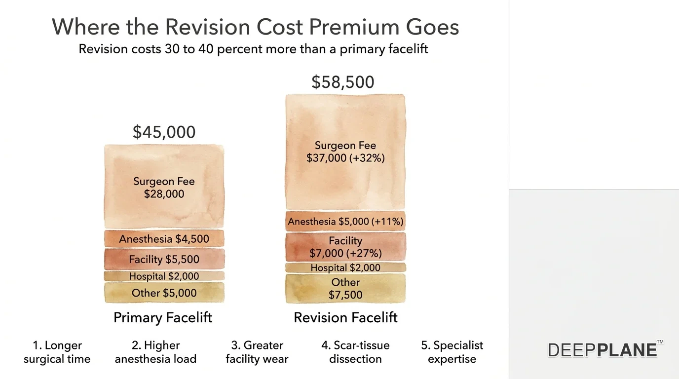 Two-bar cost comparison: primary facelift at forty-five thousand dollars segmented into surgeon fee twenty-eight thousand, anesthesia four thousand five hundred, facility five thousand five hundred, hospital two thousand, other five thousand; revision facelift at fifty-eight thousand five hundred segmented into surgeon fee thirty-seven thousand plus thirty-two percent, anesthesia five thousand plus eleven percent, facility seven thousand plus twenty-seven percent, hospital two thousand, other seven thousand five hundred. Bottom legend lists five cost-driver explanations