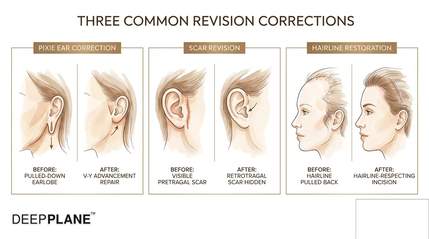 Three labeled before-and-after correction panels. Panel one pixie ear correction: before shows downward-pulled elongated earlobe, after shows V-Y advancement repair restoring natural shape. Panel two scar revision retrotragal: before shows visible pretragal vertical scar, after shows scar repositioned inside the tragus. Panel three hairline restoration: before shows temporal hairline pulled too far back, after shows restored hairline using a hairline-respecting incision