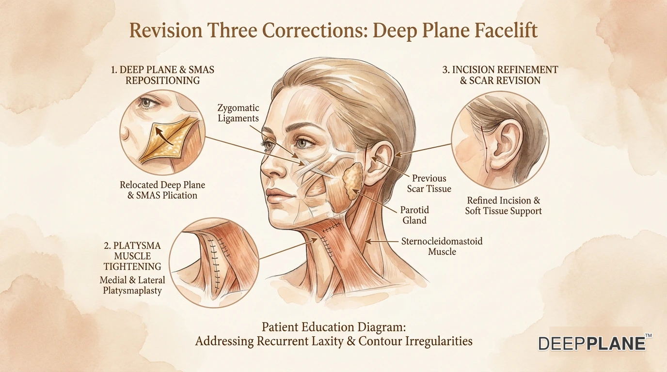 Three labeled before-and-after correction panels. Panel one pixie ear correction: before shows downward-pulled elongated earlobe, after shows V-Y advancement repair restoring natural shape. Panel two scar revision retrotragal: before shows visible pretragal vertical scar, after shows scar repositioned inside the tragus. Panel three hairline restoration: before shows temporal hairline pulled too far back, after shows restored hairline using a hairline-respecting incision