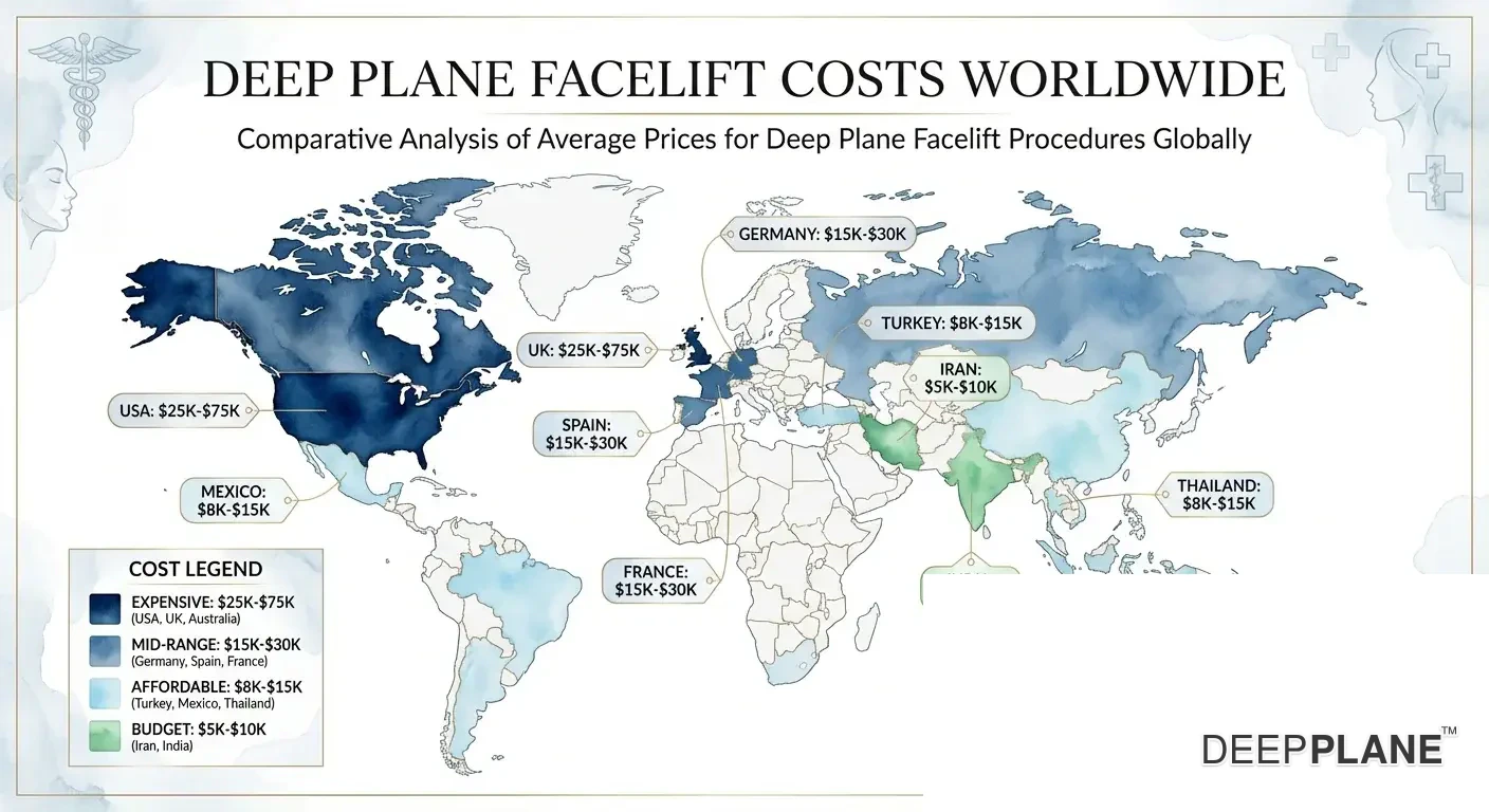 World map showing deep plane facelift costs by region, from $5K–10K in India and Iran to $35K–75K in the USA and Australia.