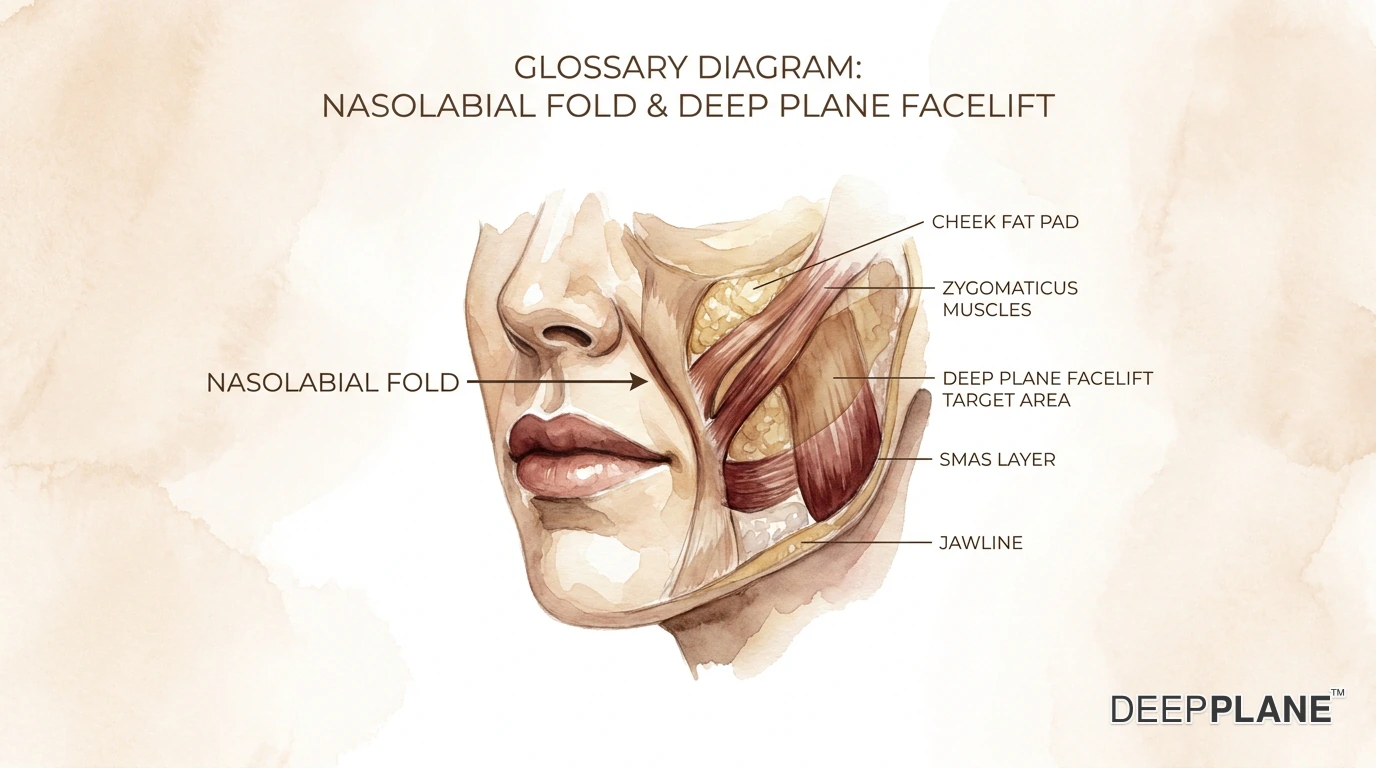 Three-quarter female face with the nasolabial fold marked from the alar base to the corner of the mouth, showing the descending malar fat pad, levator labii superioris muscle attachment, and modiolus beneath the fold