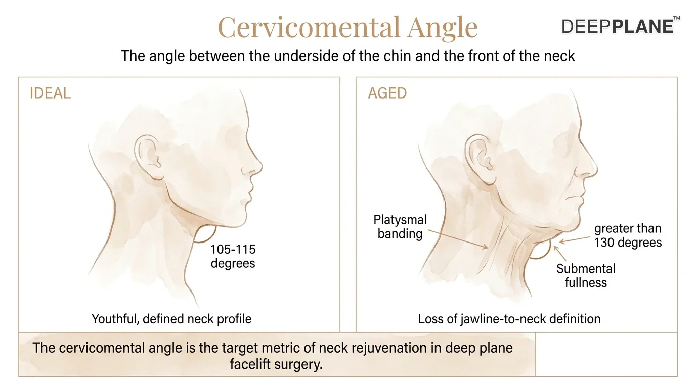 Profile silhouettes comparing an ideal 105-115 degree cervicomental angle on the left with an aged angle greater than 130 degrees on the right showing platysmal banding and submental fullness