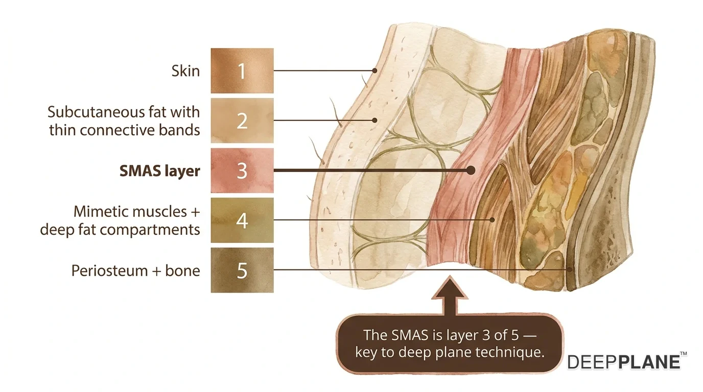 Labeled cross-section through the cheek showing five tissue layers from outside in: skin, subcutaneous fat with thin connective bands, SMAS layer highlighted in distinct tint, mimetic muscles plus deep fat compartments, and periosteum plus bone