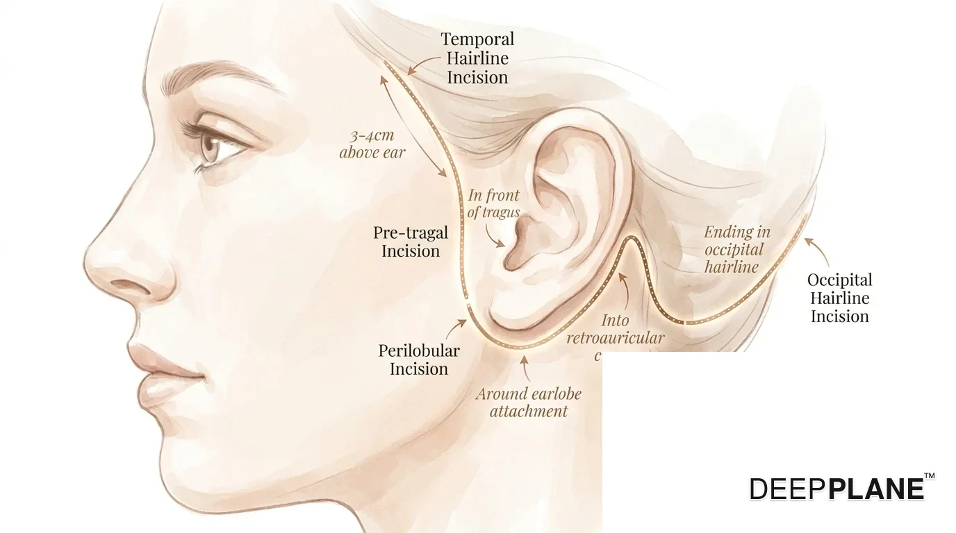 Vergrößertes weibliches Gesichtsprofil, das den standardmäßigen Facelift-Schnittweg als feine Linie zeigt: Schläfenhaaransatz 3 bis 4 Zentimeter über dem Ohr, absteigend vor oder innerhalb des Tragus, um den Ohrläppchenansatz herum, in die retroaurikuläre Falte, endend im okzipitalen Haaransatz
