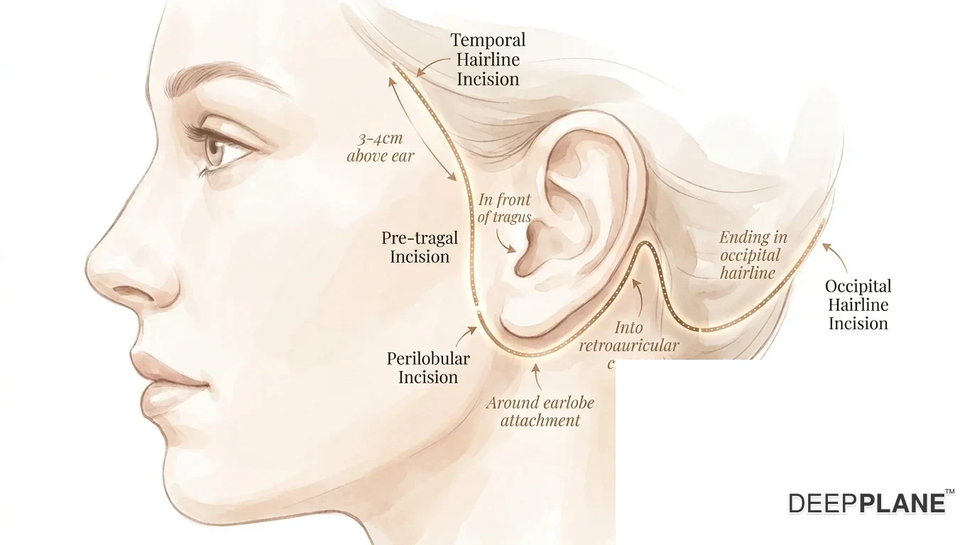Female face profile enlarged showing the standard facelift incision path drawn as a fine line: temporal hairline 3 to 4 centimetres above the ear, descending in front of or inside the tragus, around the earlobe attachment, into the retroauricular crease, ending in the occipital hairline