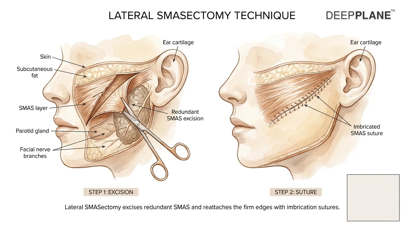Cheek cross-section in profile showing the SMAS layer highlighted, with a precise wedge-shaped excision of redundant SMAS in front of the ear being removed, followed by the cut edges sutured together with imbrication closure