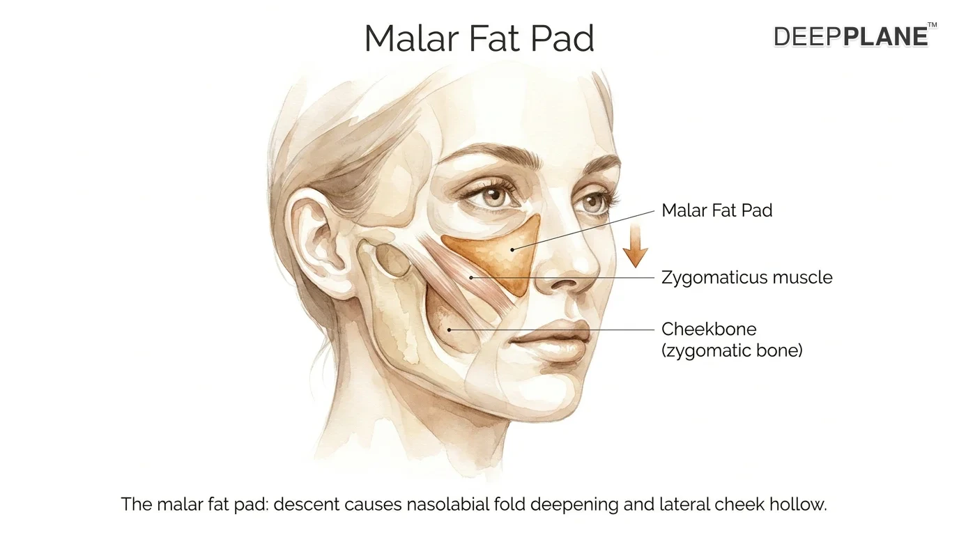 Three-quarter face view with skin translucent revealing the malar fat pad as a distinct triangular structure overlying the zygomaticus muscle and cheekbone, labeled with leader line