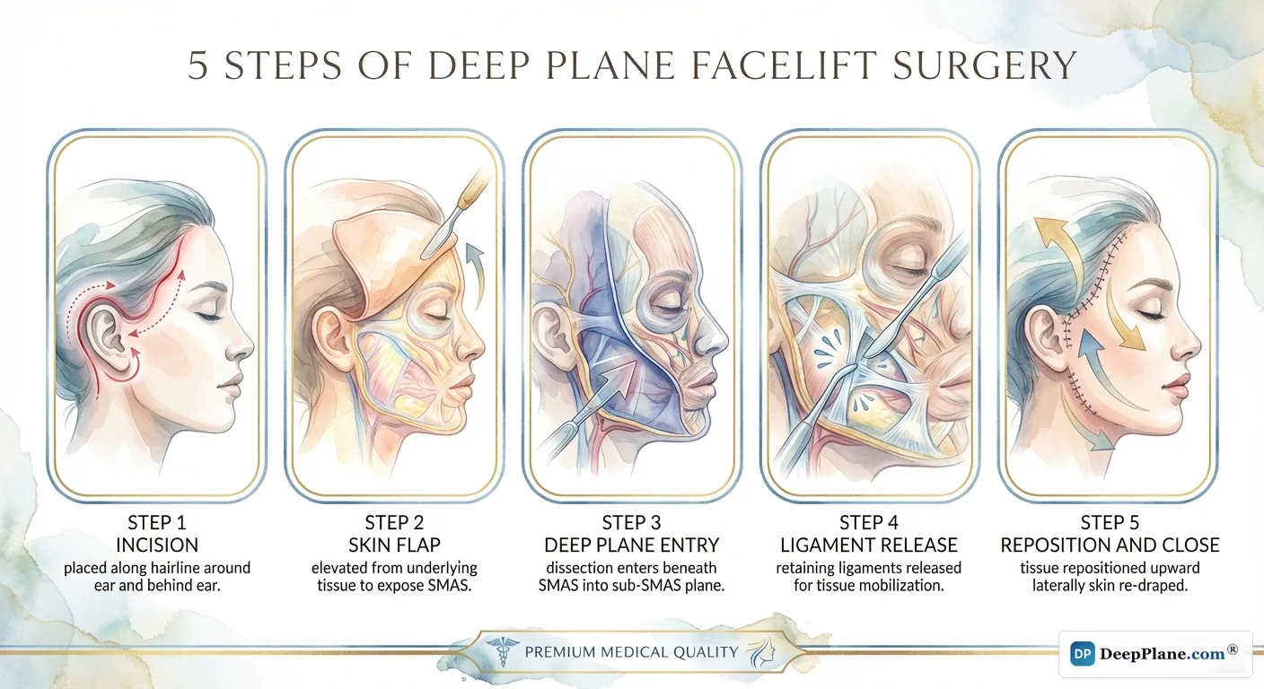 Five steps of deep plane facelift surgery: incision, skin flap elevation, deep plane entry, ligament release, and tissue repositioning