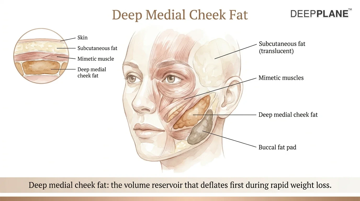 Three-quarter face view with skin and subcutaneous fat translucent revealing the deep medial cheek fat compartment in distinct tint, situated deep to mimetic muscles and below the buccal fat, with cross-section inset