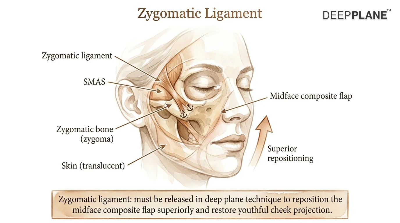 Three-quarter cheek view with skin and SMAS translucent revealing the zygomatic cutaneous ligament as a fibrous band anchoring the SMAS to the underlying zygomatic bone, drawn in distinct tint with small attachment anchor symbols