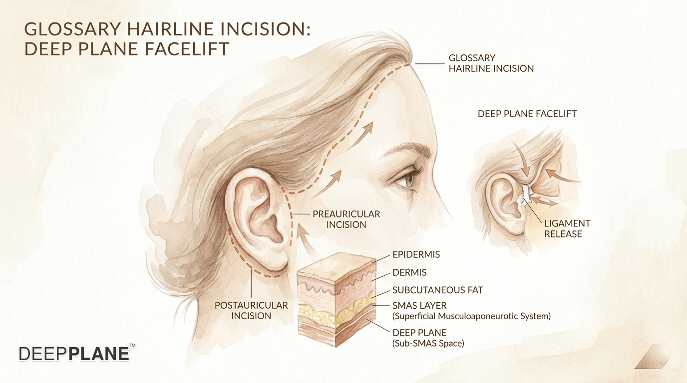 Female temporal hairline area enlarged showing two incision options side by side: standard temporal incision running into the hairline losing density on the left, hairline-respecting incision running along the hairline edge preserving contour on the right