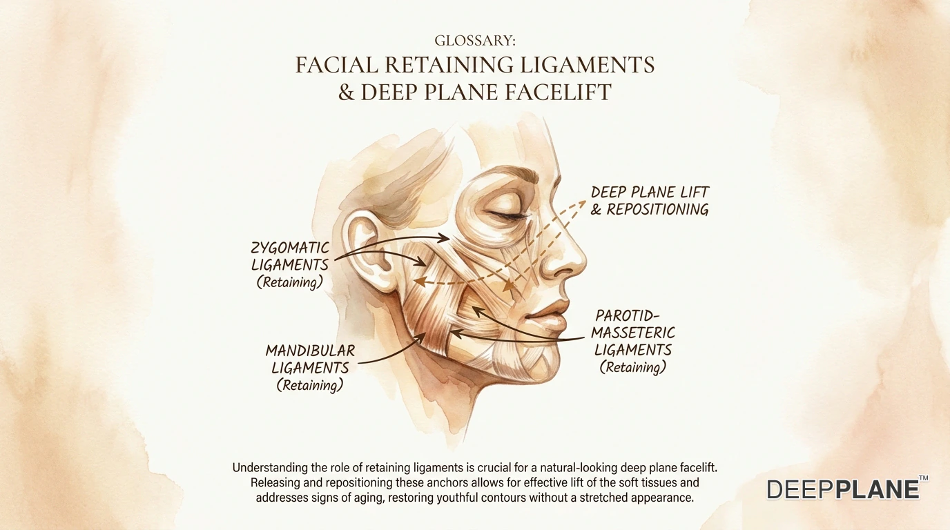 Three-quarter face view with translucent skin revealing four labeled retaining ligament systems: zygomatic ligament over the malar bone, masseteric cutaneous ligaments along the masseter muscle border, mandibular ligament near the chin, and temporal ligamentous adhesion at the lateral brow