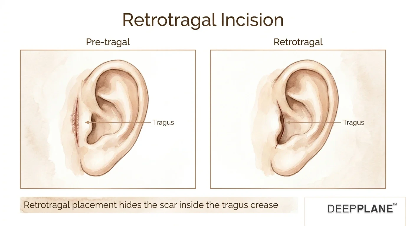 Female ear profile enlarged with two side-by-side panels: pre-tragal incision running vertically in the crease in front of the tragus on the left, retrotragal incision running inside the tragus behind the cartilage edge hidden from view on the right