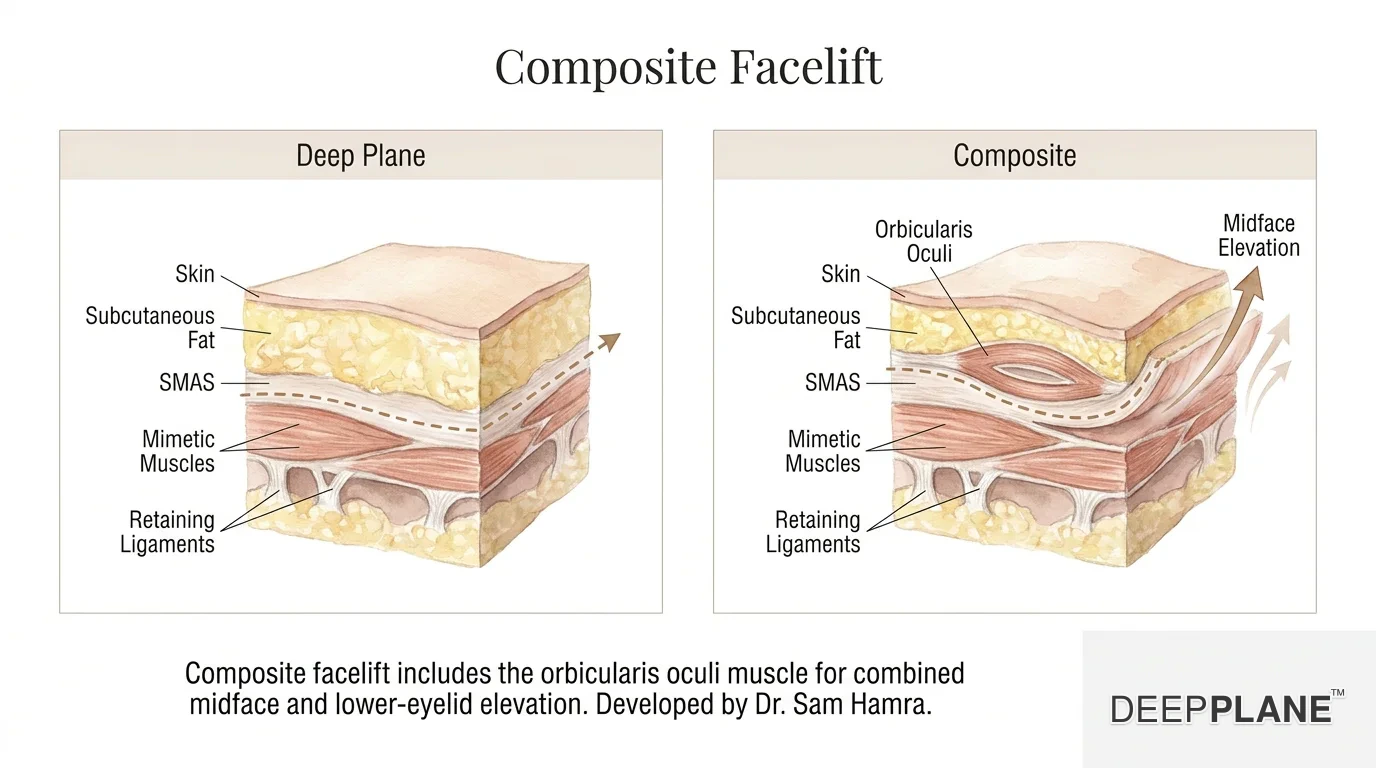Two cheek cross-section panels: deep plane on the left shows dissection between SMAS and deeper mimetic muscles; composite on the right shows dissection deeper including the orbicularis oculi muscle for simultaneous midface elevation