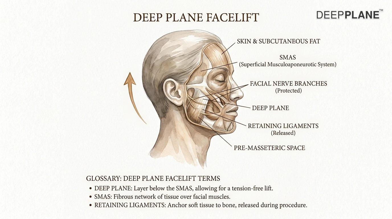 Three-quarter face view with arrows showing the vertical vector of midface elevation from the lower lid through the malar fat pad to the cheek hollow, with small inset showing the conjunctival or temporal incision approach
