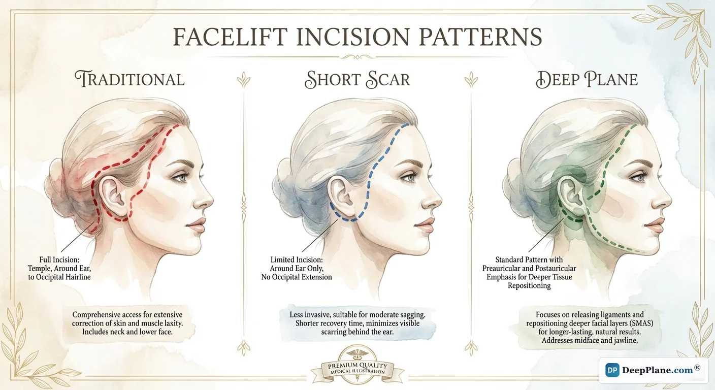 Facelift incision patterns showing traditional (red), short scar (blue), and deep plane (green) approaches around the ear and hairline