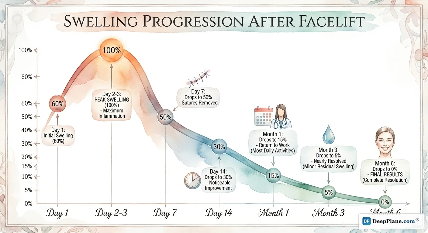 Swelling progression chart after deep plane facelift showing peak at days 2-3 with gradual decline through month 6