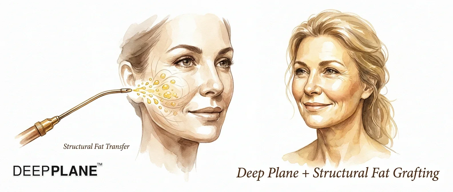 Editorial illustration of the deep plane + structural fat grafting — Dr. Chris Surek