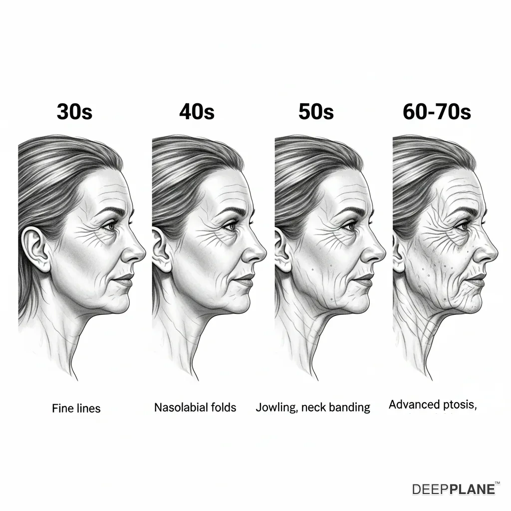 Facial aging progression by decade from age 30s through 60-70s showing increasing tissue descent and recommended facelift techniques for each stage
