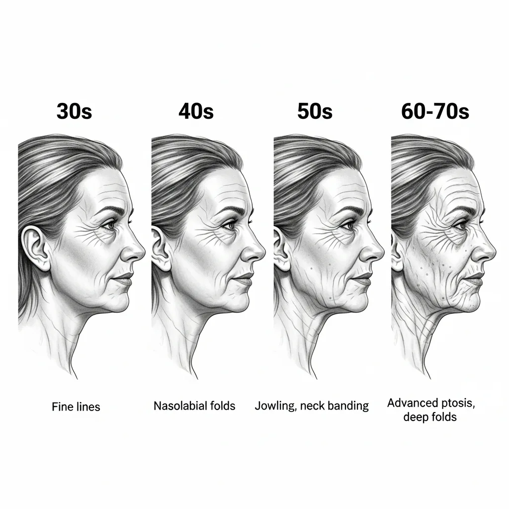 Facial aging progression by decade from age 30s through 60-70s showing increasing tissue descent and recommended facelift techniques for each stage