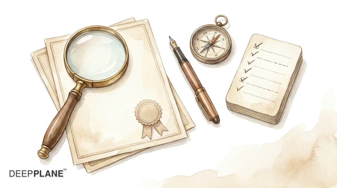 Watercolor illustration of a verification desk: a magnifying glass resting on a stack of certificates with a ribbon seal, a pen, a compass, and a checklist card with tick marks.