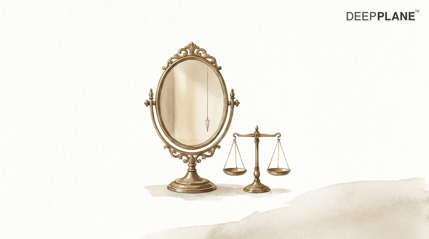 Watercolor illustration of a small standing mirror with a faint vertical plumb line, beside a brass balance scale with two level pans.