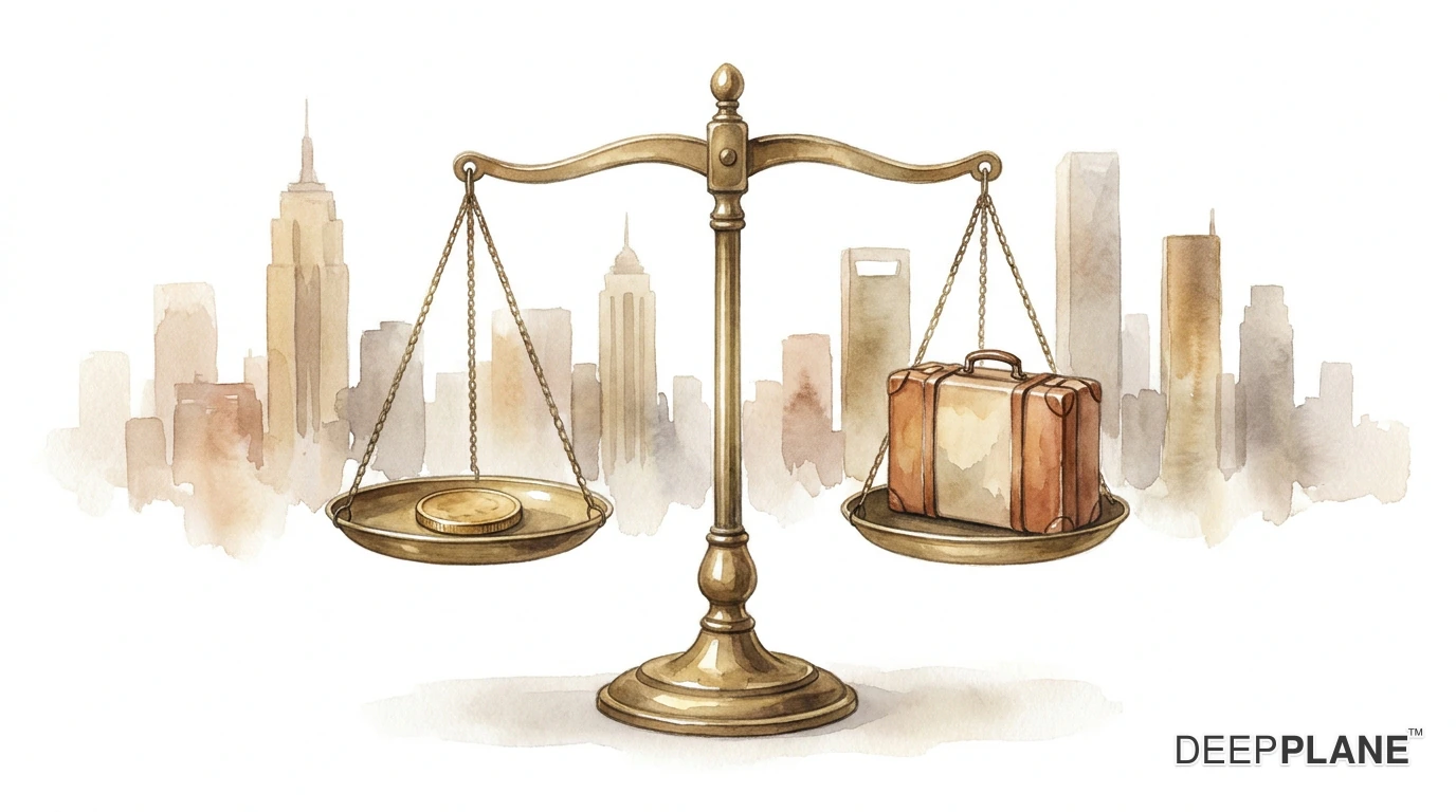 Watercolor illustration of a level brass balance scale holding a coin on one pan and a small suitcase on the other, in front of a soft skyline of generic tall buildings.