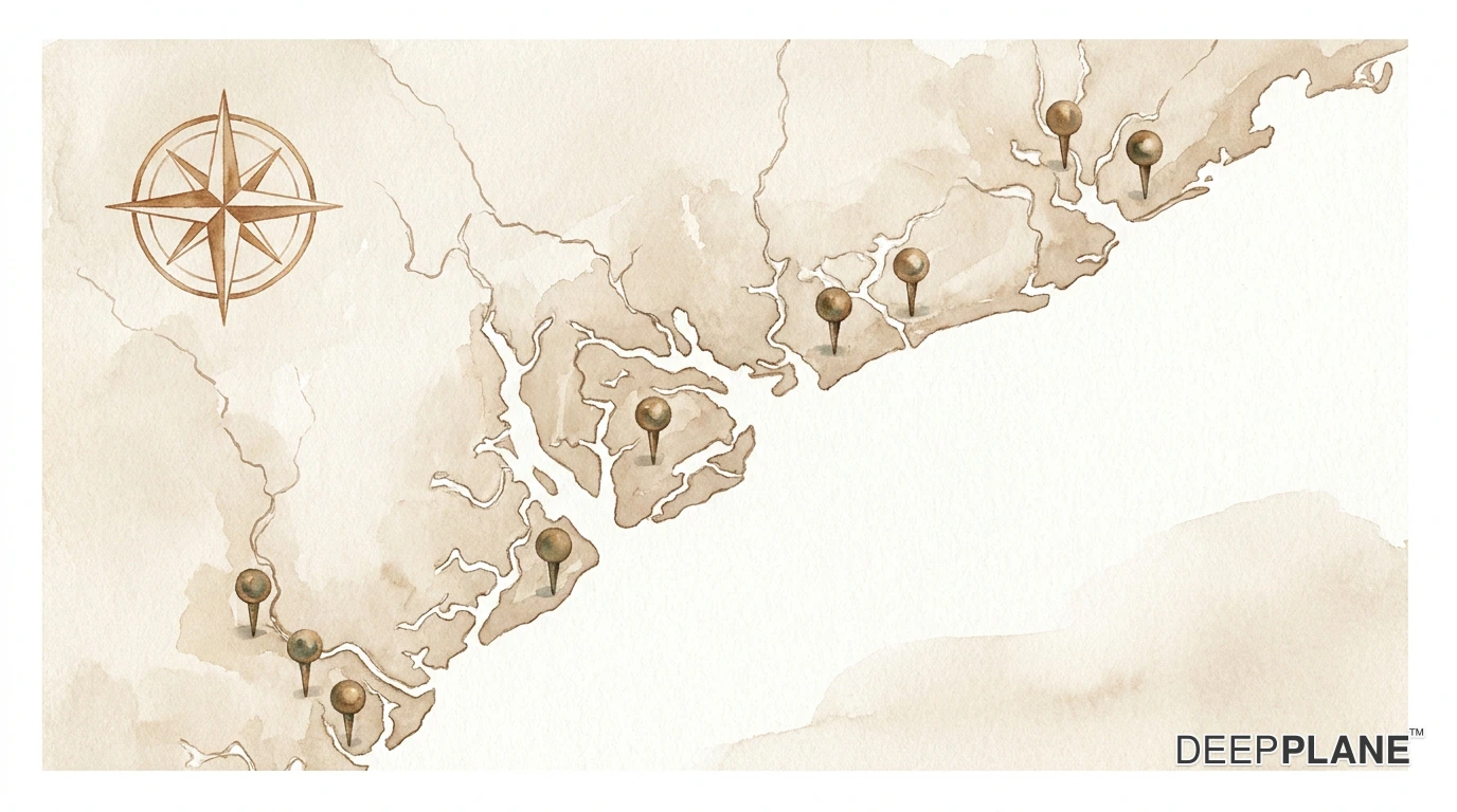 Ilustrație acuarelă a unei hărți în stil antic, fără etichete, cu linii de coastă și râuri, cu ace de hartă din bronz împrăștiate pe ea și o roză a vânturilor.