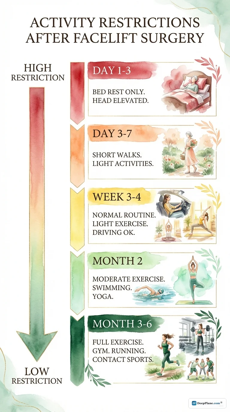 Post-facelift activity restriction timeline from bed rest days 1-3 through full exercise at months 3-6 with color-coded restriction levels