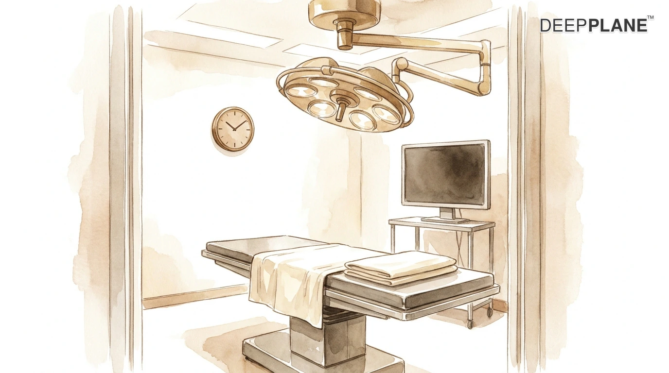 Watercolor illustration of an empty operating suite seen from the doorway: an overhead surgical light, a table with a folded sheet, a wall clock and a monitor on a stand. No people are shown.