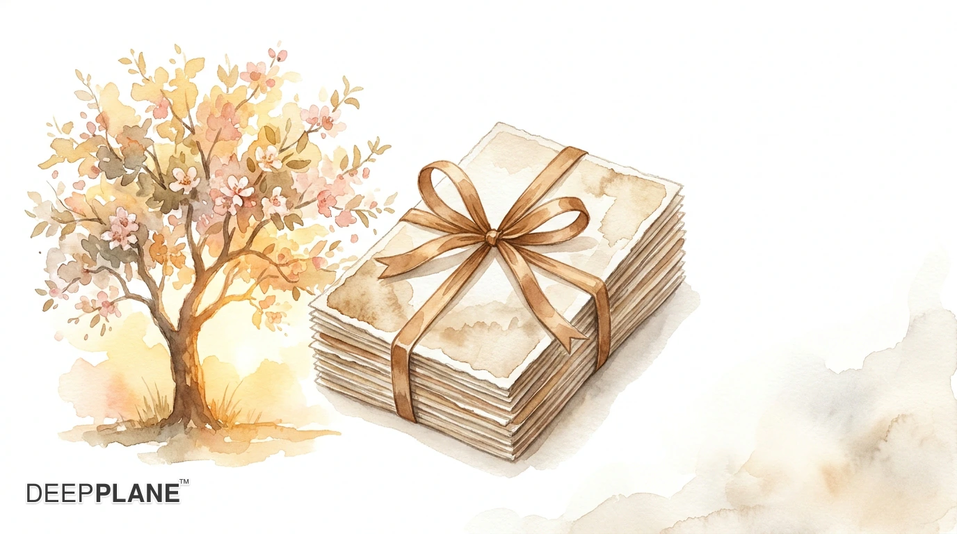 Watercolor illustration of an orchard tree in blossom at golden hour beside a neat stack of calendar pages tied with a ribbon.