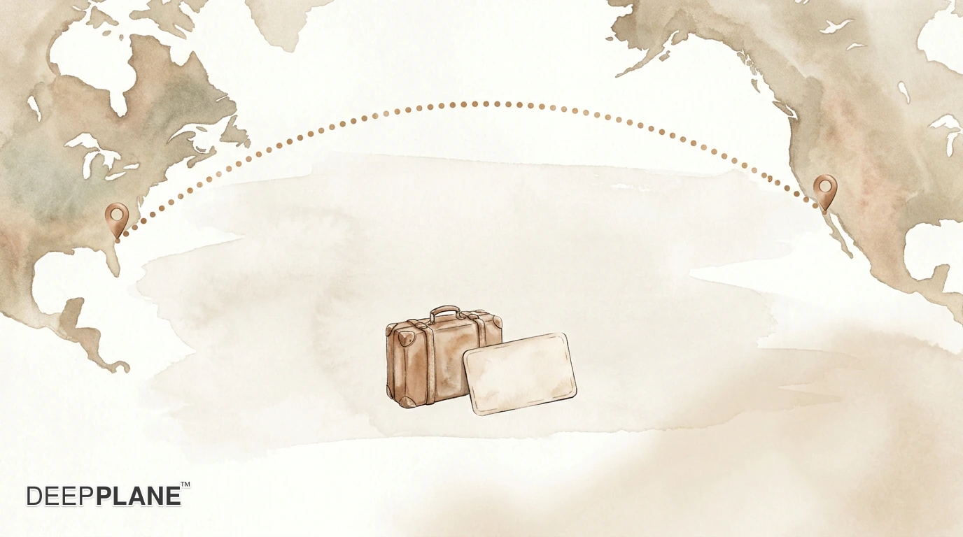Watercolor illustration of an unlabelled map with a long dotted arc between two bronze pins across a wide ocean, with a small suitcase and a blank boarding card.