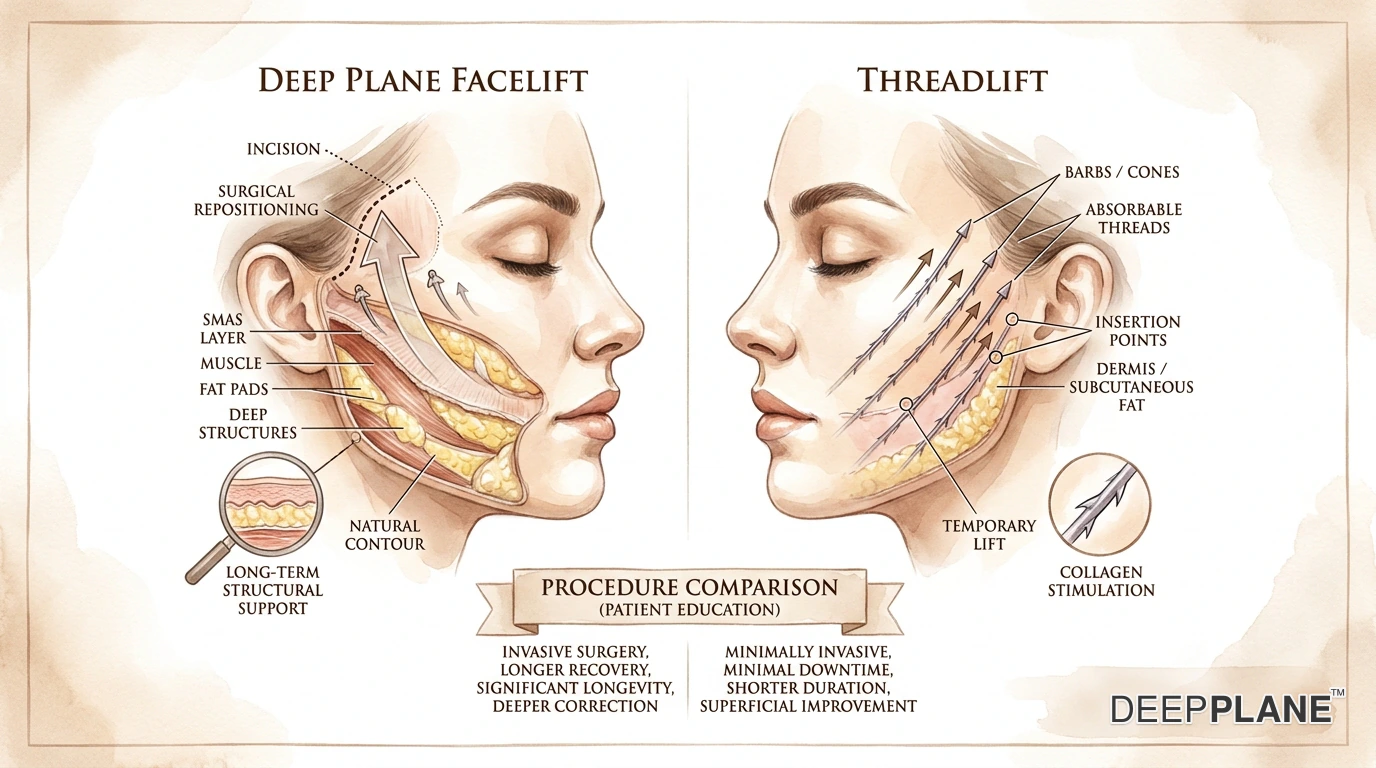 Deep plane facelift versus thread lift comparison showing deeper tissue repositioning with facelift versus superficial suture-based lifting with threads