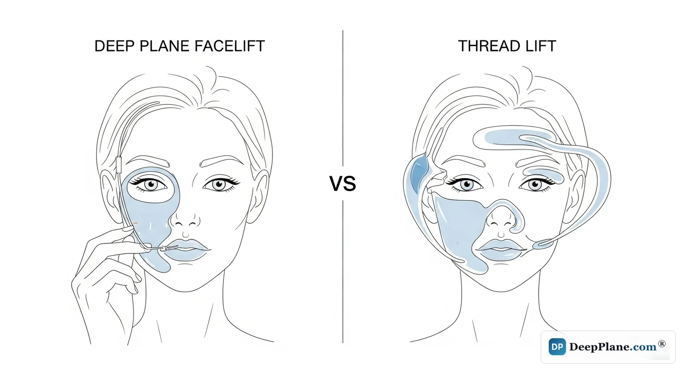 Deep plane facelift versus thread lift comparison showing deeper tissue repositioning with facelift versus superficial suture-based lifting with threads