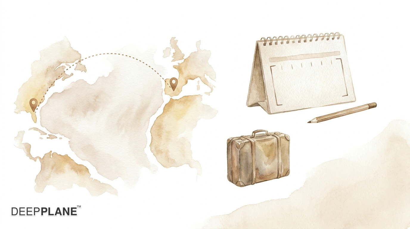 Ilustrație acuarelă a unei hărți neetichetate cu un arc punctat peste un ocean larg între două ace de bronz, o pagină de calendar cu un creion și o săptămână între paranteze, și o valiză mică.