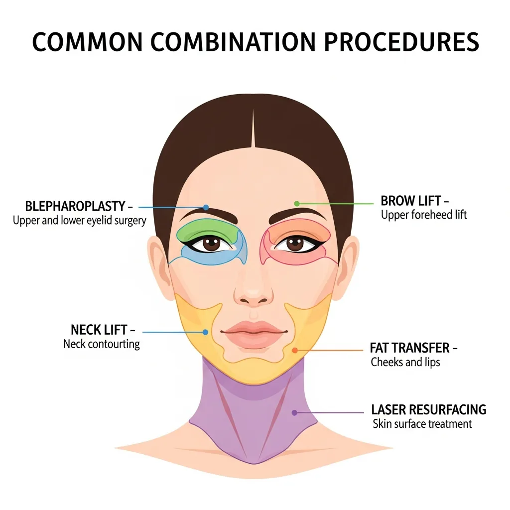 Common combination procedures with deep plane facelift: blepharoplasty, brow lift, neck lift, fat transfer, and laser resurfacing shown on facial zones