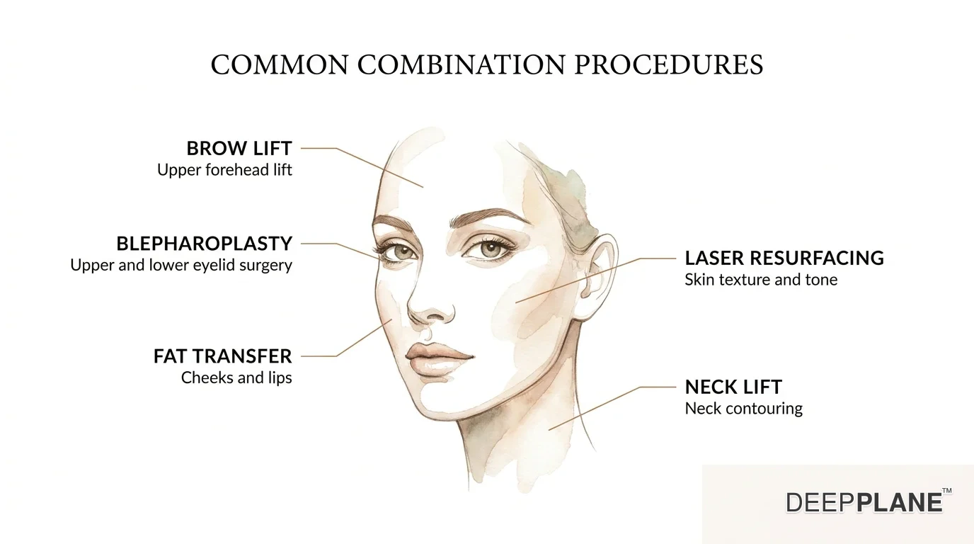 Common combination procedures with deep plane facelift: blepharoplasty, brow lift, neck lift, fat transfer, and laser resurfacing shown on facial zones