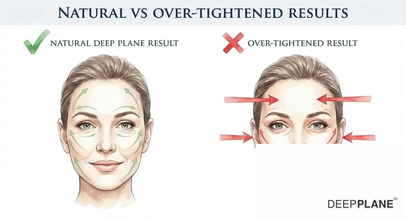 Natural versus pulled facelift result comparison showing undetectable deep plane outcomes.