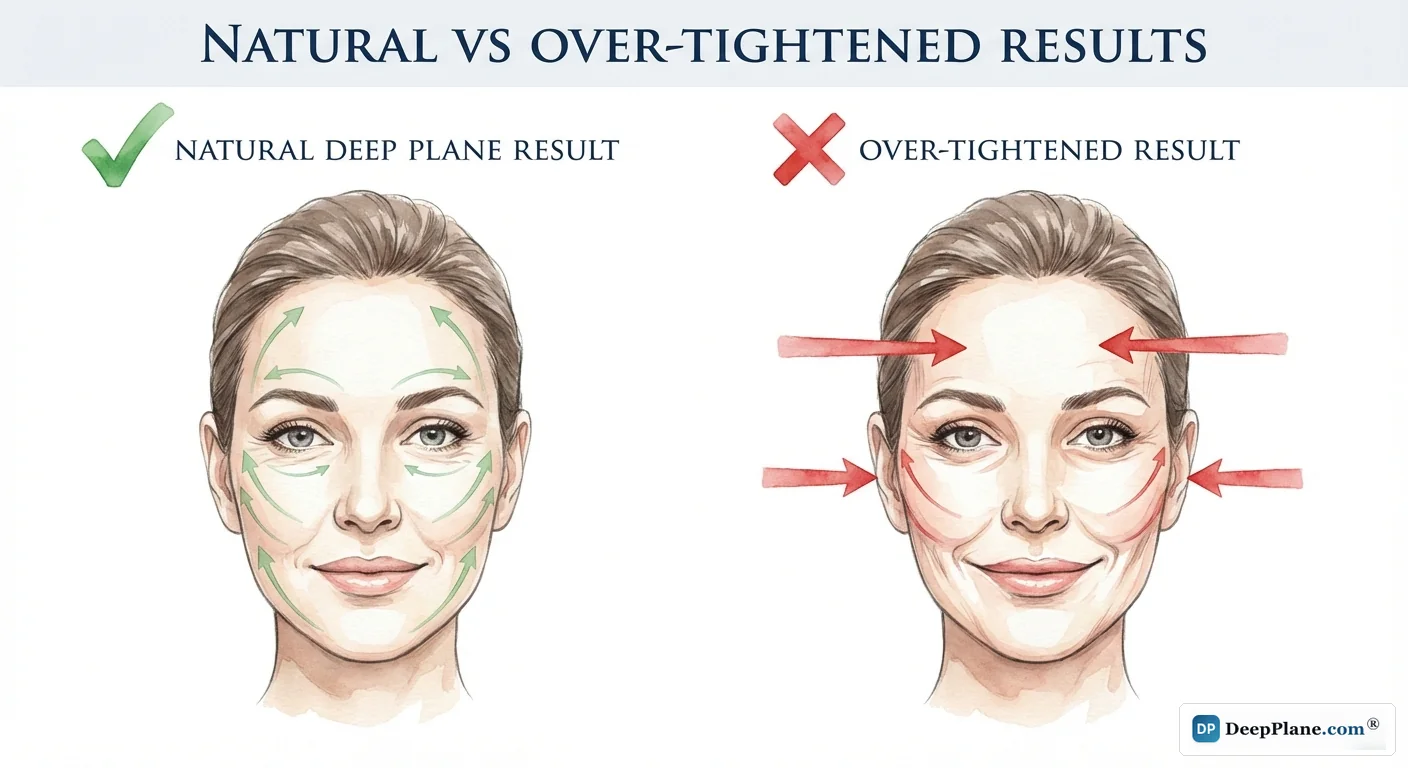 Natural deep plane facelift result with upward-lateral tissue vectors compared to over-tightened result with purely lateral pull causing windswept appearance